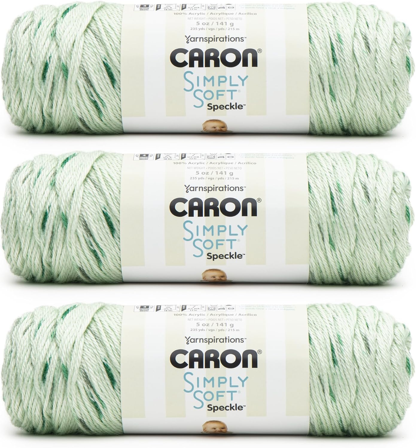 Caron Simply Soft Speckle White Sage Yarn - 3 Pack of 5oz/141g - Acrylic - #4 Worsted (Medium) - 235 Yards - Knitting & Crochet